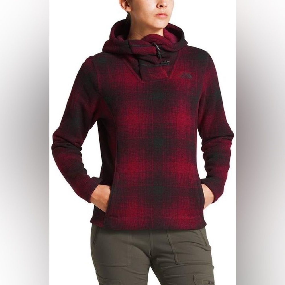 The North Face Crescent Hooded Fleece Pullover Red Black Buffalo Plaid - Small